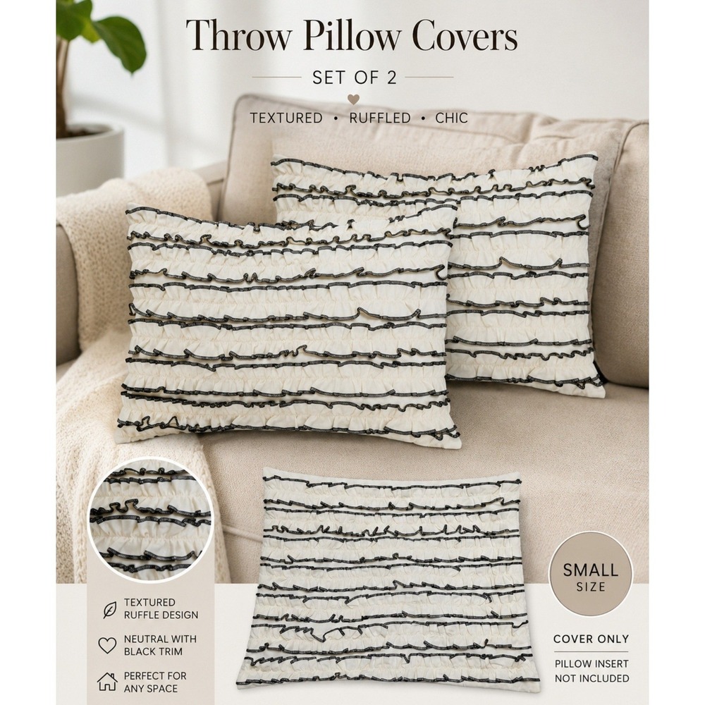 Laura Ashley Home Set of 2 Ruffled Pillow Covers 12x16 Cream Black Cotton